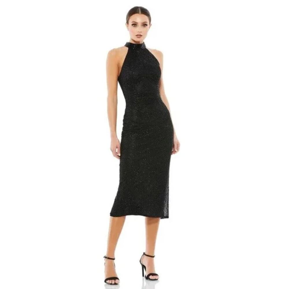 MAC DUGGAL 5531 Black Beaded High Neck Halter Midi Cocktail Dress Size 2 NWT